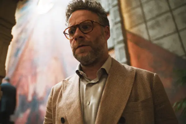 Seth Rogen stars in The Studio, standing alone and looking concerned