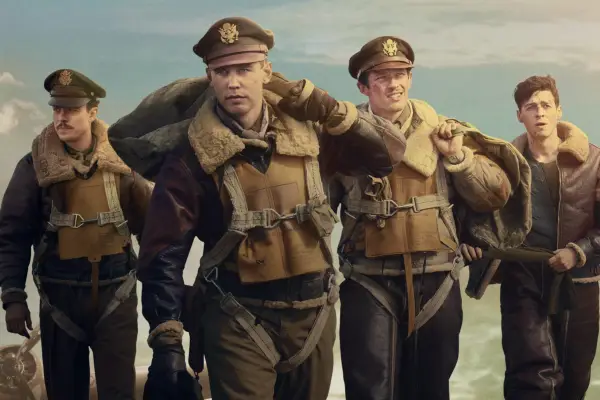 Austin Butler, Callum Turner, Anthony Boyle and Nate Mann in Masters of the Air walking together in military attire