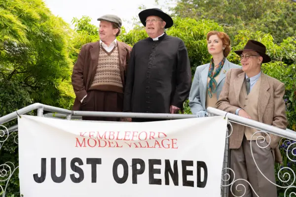 Peter Mossop (Mike Sengelow), Father Brown (Mark Williams), Jennifer Mossop (Clare-Louise English), Joe Telford (Lucas Hare) in Father Brown.