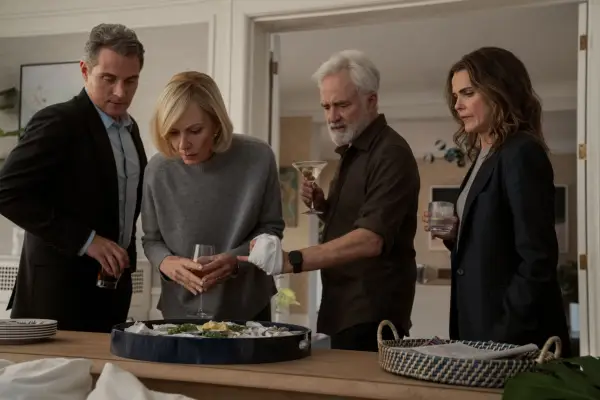 Keri Russell as Kate Wyler, Rufus Sewell as Hal Wyler, Allison Janney as Grace Penn and Bradley Whitford as Todd Penn in The Diplomat