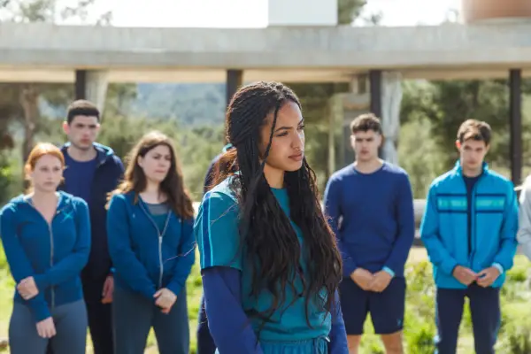 Jonathan Maravilla (centre) as Saúl with Amaia Salamanca as Astrid and Lola Rodríquez as Maika in Welcome to Eden.