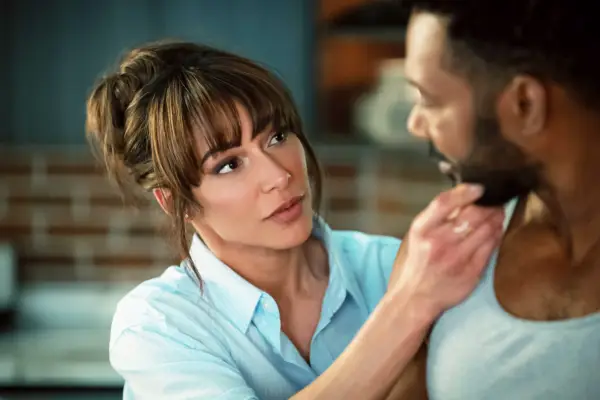 Nikki Estridge as Genevieve and Dion Johnstone as Erik. She