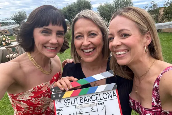 Annabel Scholey, Nicola Walker and Fiona Button on set for The Split: Barcelona, holding a clapperboard and smiling