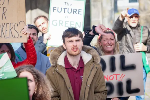 Andrew Still plays Rory Dashford in Granite Harbour standing in a mob shouting