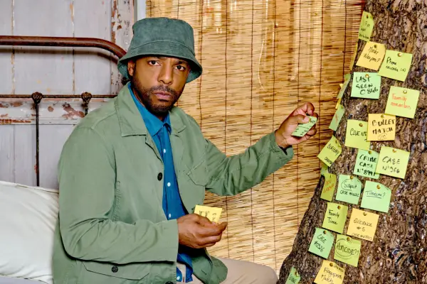 Don Gilet as DI Mervin Wilson in Death in Paradise, putting post-it notes on a board