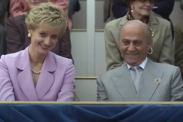 Elizabeth Debicki as Princess Diana and Salim Daw as Mohamed Al-Fayed in The Crown season 5