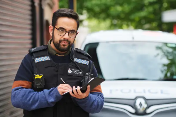 George Bukhari plays DC Darren Lakhan, wearing a police vest, writing into a back notebook, a car in the background