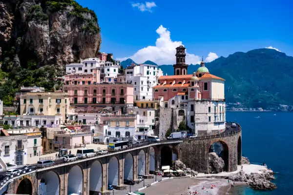 Houses of the town of Atrani on the Amalfi Coast, which lies on the coast in a valley leading to the Mediterranean Sea.