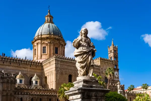 Statue of Santa Rosalia in front of Palermo Cathedral, Basilica Cattedrale Metropolitana Primaziale della Santa Vergine Maria Assunta