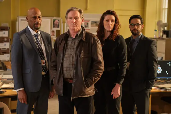 Adrian Dunbar as Ridley, Bronagh Waugh as DI Carol Farman, Terence Maynard as DCI Paul Goodwin and George Bukhari as DC Darren Benton in Ridley.