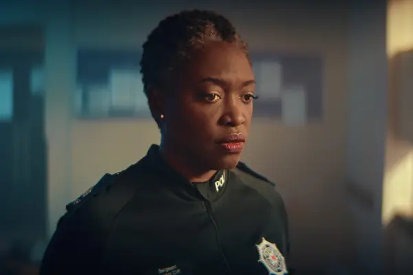 Andi Osho as Sandra Cliff in Blue Lights, wearing a police uniform and looking down