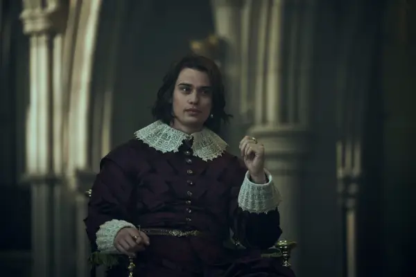 Nicholas Galitzine as George Villiers, Duke of Buckingham with longer hair in Mary and George