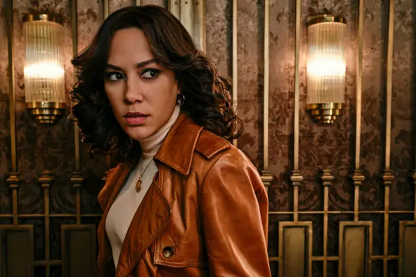 KD wearing a brown leather jacket, looking over her shoulder