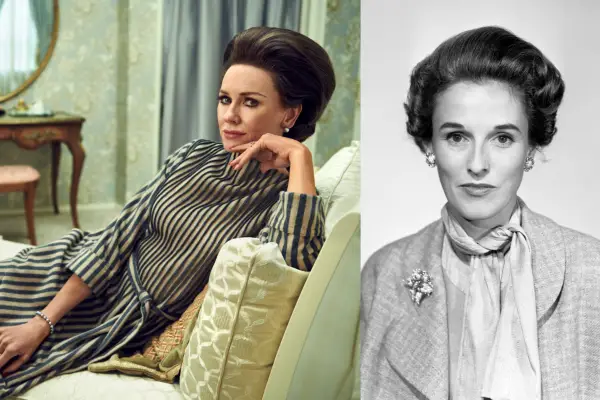 On the left, Babe Paley lies across a couch in a black and white dress, holding one hand to her face. On the right, a black-and-white photograph of Babe Paley from 1954
