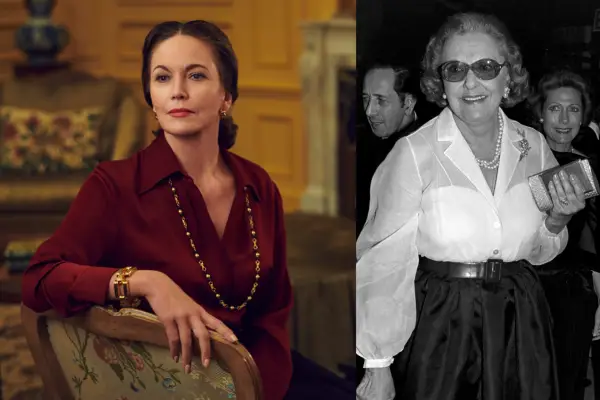 On the left, Slim Keith (Diane Lane) wears a red blouse and necklace, sitting on a lounge chair with a burning fireplace behind her. On the right, a black-and-white photo of Slim Keith from 1979