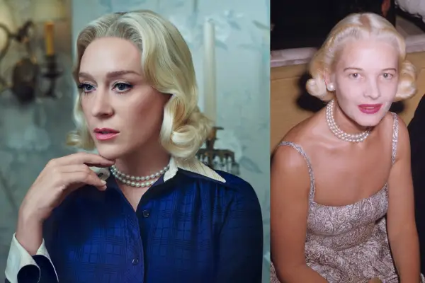 On the left, CZ Guest (Chloe Sevigny) wears a pearl necklace and blue blouse, with a white collar and cuffs. On the right, the real CZ Guest photographed in 1955.