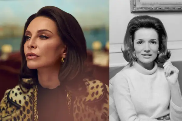 On the left, Lee Radziwill (Calista Flockhart) wears a polka dot jacket and black top, stood in front of an out-of-focus landscape. On the right, a black-and-white photo of Lee Radziwill from 1967.