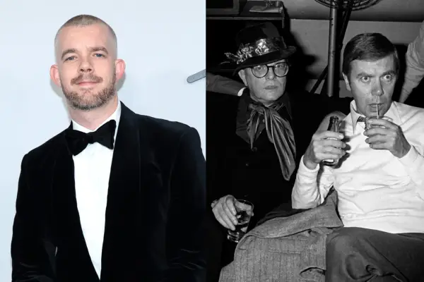 On the left, Russell Tovey wears a black tuxedo at the premiere of Feud: Capote vs The Swans. On the right, a black and white photograph of Truman Capote sat next to John O
