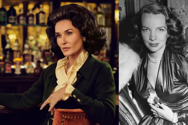 On the left, Ann Woodward (Demi Moore) sits at a bar, wearing a gold blouse and dark green jacket, with fully stocked shelves of alcohol behind her. On the right, Ann Woodward photographed in