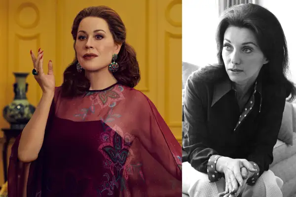 On the left, Joanne Carson (Molly Ringwald) wears a glamorous red dress, standing in an opulent living room with yellow walls and a large vase of flowers behind her. On the right, a black-and-white photograph of Joanne Carson from 1972