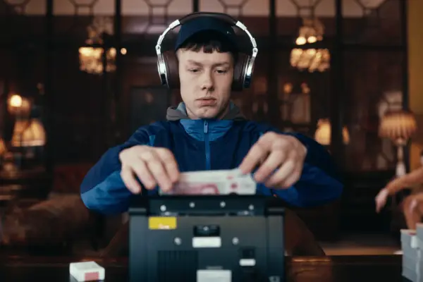 Jethro sat down while he counts money