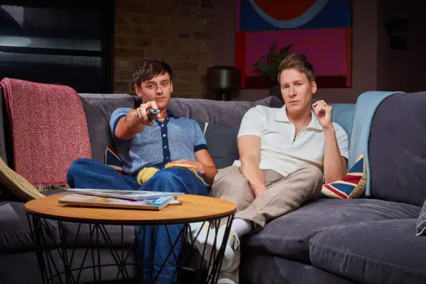 Tom Daley and Dustin Lance Black in Celebrity Gogglebox