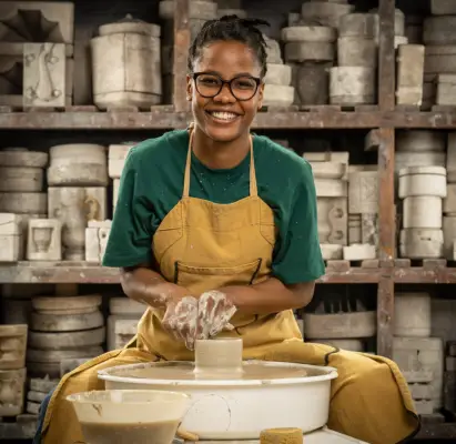 Princess wearing a green t-shirt and brown apron doing pottery