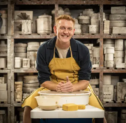 Edward wearing a black shirt and brown apron doing pottery