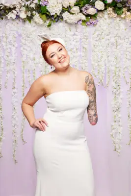 Jay from Married at First Sight UK 2023 wearing a white dress