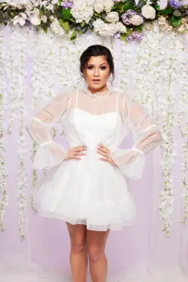 Tasha from Married at First Sight UK 2023 wearing a white dress