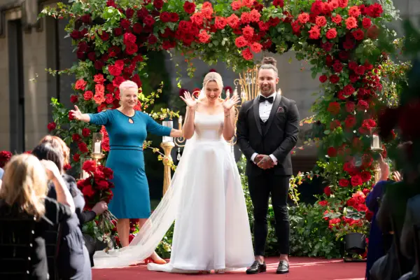 Married at First Sight Australia season 11 couple Tori and Jack looking excited at the wedding.