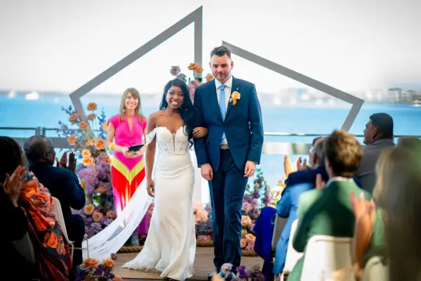 Married at First Sight Australia season 11 couple Cassandra and Tristan on their wedding day surrounded by their family and friends.