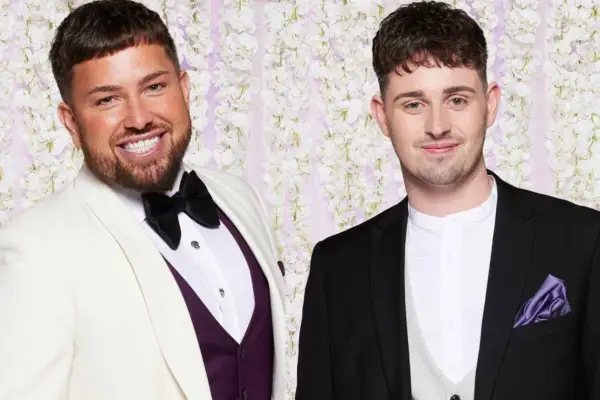 A split image of Married at First Sight UK stars Mark wearing a white and black suit, and Sean wearing a black suit set.