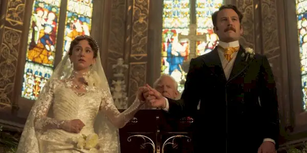 Taissa Farmiga as Gladys with Ben Lamb as the Duke of Buckingham dressed for their wedding in The Gilded Age
