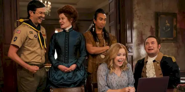 Richie Moriarty, Rebecca Wisocky, Román Zaragoza, Rose McIver, and Brandon Scott Jones in Ghosts Season 4 Episode 6