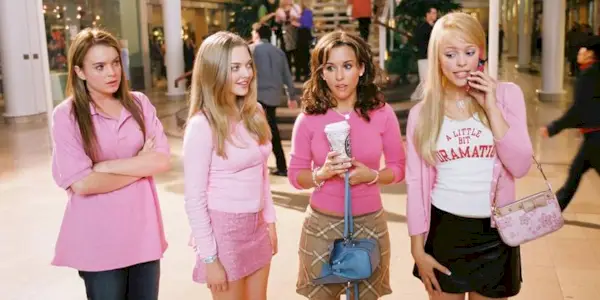 Lindsay Lohan, Amanda Seyfriend, Lacey Chabert, and Rachel McAdams wearing pink in Mean Girls