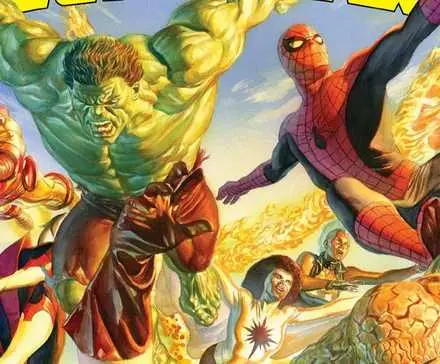 Nightcrawler, Iron Man, The Incredible Hulk, Spider-Man, Human Torch, Photon, Storm, The Thing, and Colossus on Alex Ross