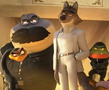 Mr. Shark. Ms. Tarantula, Mr. Snake. Mr. Wolf, and Mr. Piranha entering a room in The Bad Guys 2.