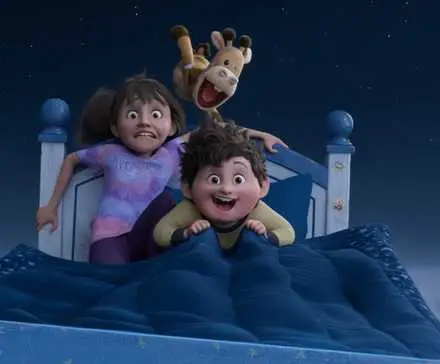 A brother and a sister and a sentient stuffed giraffe riding on a flying bed.