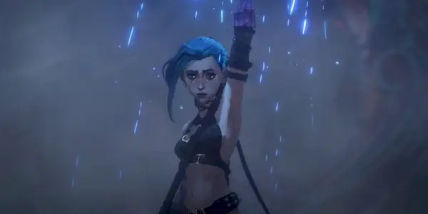 Jinx shooting a flare, looking somber in Arcane Season 1.