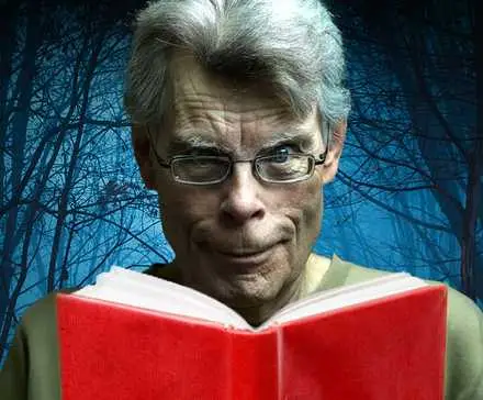 A custom image of Stephen King holding a red book in front of a dark, creepy forest