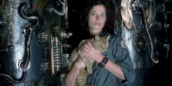 A promotional photo of Sigourney Weaver and Jones the cat in 