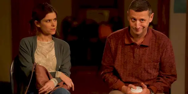 Kate Mara looking at a smirking Tim Robinson with exasperation