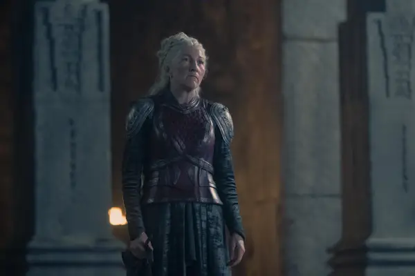 Eve Best as Princess Rhaenys Targaryen in armour for House of the Dragon season 2.