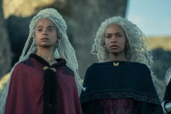 Phoebe Campbell as Lady Rhaena Targaryen and Bethany Antonia as Lady Baela Targaryen in House of the Dragon