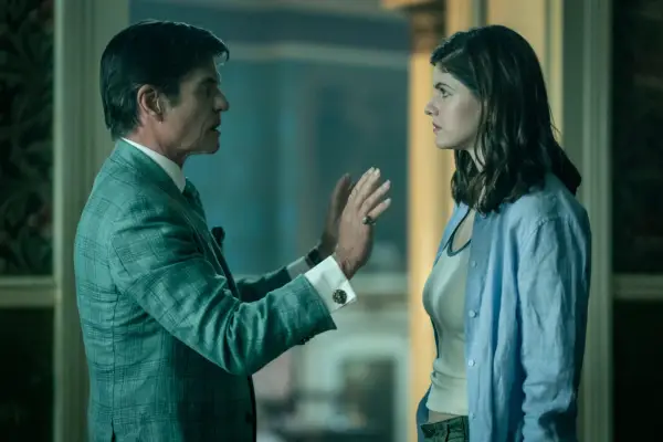 Harry Hamlin and Alexandra Daddario in Mayfair Witches talking to each other