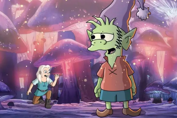 Elfo and Bean with giant mushrooms in the background