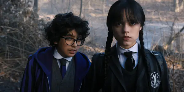 Moosa Mostafa as Eugene Otinger, Jenna Ortega as Wednesday Addams in episode 104 of Wednesday.