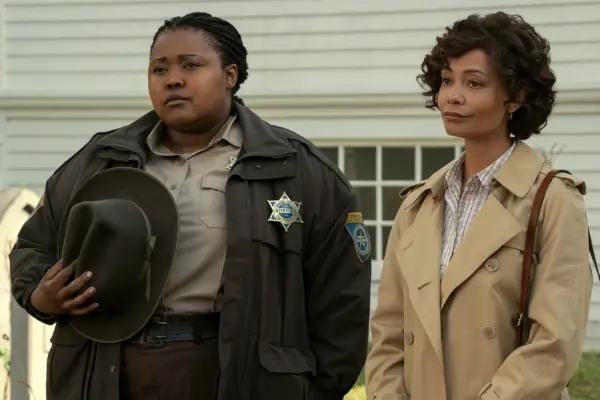 Luyanda Unati Lewis-Nyawo as Detective Sinclair, Thandiwe Newton as Dr. Fairburn in Wednesday season 2