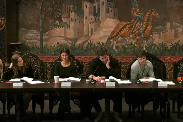 Freya Allan, Anya Chalotra, Liam Hemsworth and Joey Batey at a table read for The Witcher season 4